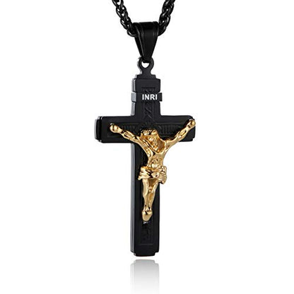 HZMAN Catholic Jesus Christ INRI Cross Crucifix Pendant Necklace for Men - color: Black