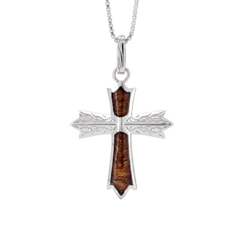 Sterling Silver Koa Wood Inlay Cross Crucifix Necklace Pendant with 18" Box Chain, Nickel Free Hypoallergenic for Sensitive Skin, Gift Box Included - color: Scroll Cross
