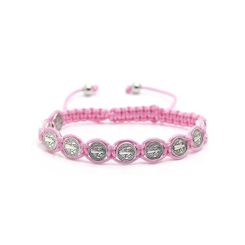 925 Sterling Silver San Benito Bracelet For Women And Men, Catholic Multicolor Bracelet St. Benedict Medal Hand Knitted Knot Coin Beaded Adjustable Religious Prayer Faith - color: Pink - San Benito Bracelet