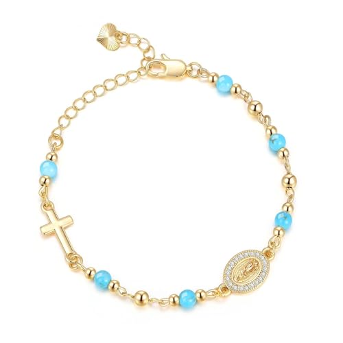 Gold Rosary Bracelet for Women Virgin Mary Jesus Cross Charm Link Chain Golden Religious Rosarios Catolicos Virgen de Guadalupe Bracelets Religious Jewelry Gift for Confirmation Baptism First Communion Gift - color: Green