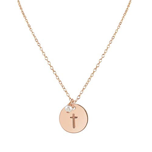 Dainty Cross Pendant Necklace with Freshwater Pearl, Adjustable Chain - color: Rose Gold, size: Small/Medium (16"-18" Adjustable)