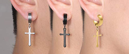 Non-pierced Earrings Set for Men Women Cross Titanium Steel Hoop Dangle Clip On Earring - style: set of 3 pairs
