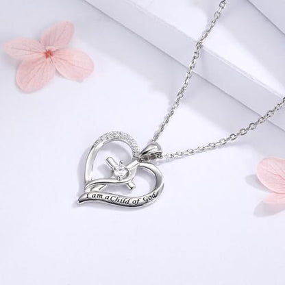 925 Sterling Silver I Am a Child of God Scripture Pendant with Birthstone Heart Cross Communion Necklace for Women Christian Faith Jewelry Gift - color: April