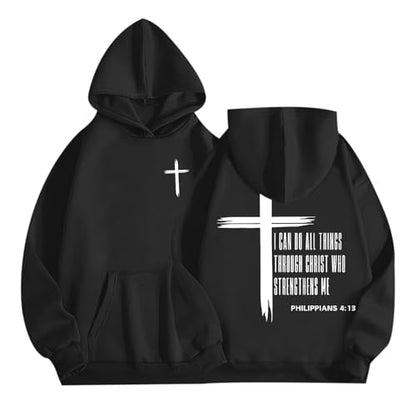 Tuislay Mens I Can Do All Things Through Christ Hoodies Christian Jesus Hoodie Religious Cross Sweatshirt Faith Pullover Tops - color: Black, size: Large