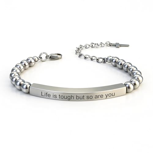 Inspirational Christian Bracelet for Women, Stainless Steel Beaded Cross Jewelry with Bible Verse, Religious Faith Gift for Mom, Daughter, Sister, Friend - color: Life is tough but so are you-Silver Bead