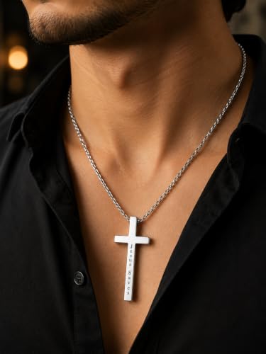 Engraved Cross Necklace for Men, Women & Boys & Girls Cross Necklace, Stainless Steel Cross Pendant Necklace, Faith & Inspiration Christian Jewelry Gift - color: Jesus Saves