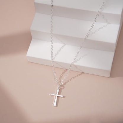 Cross Necklace for Women, Dainty 14K Gold Plated CZ Pendant - color: Silver-dainty plain cross