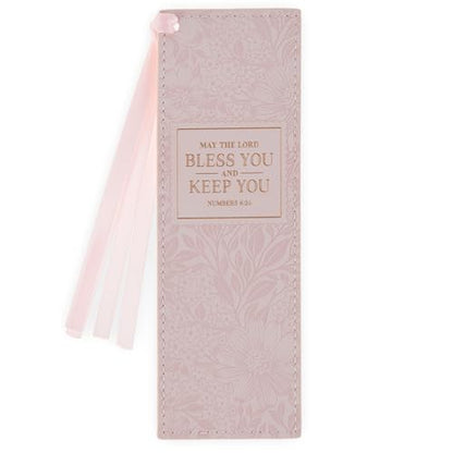 Christian Art Gifts Faux Leather Bookmark for Women: Bless You & Keep You - color: Pink Floral/Bless You