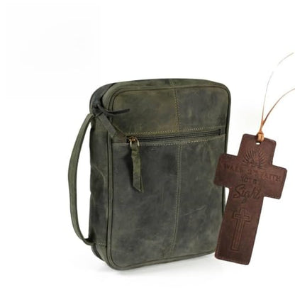 11 x 8 inch Genuine Leather Bible Cover for Men & Bible Case Women Organizer with Handle & Pocket Pen Holder Christian Religious Gift Cross Bookmark Bible Carrying Bag for Church Green - color: Green