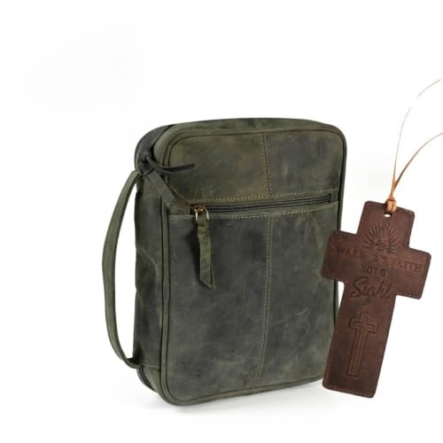 11 x 8 inch Genuine Leather Bible Cover for Men & Bible Case Women Organizer with Handle & Pocket Pen Holder Christian Religious Gift Cross Bookmark Bible Carrying Bag for Church Green - color: Green