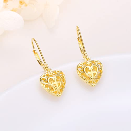 S925 Sterling Silver Heart Dangle Drop Earrings for Women Jewelry Gift - style: Heart Cross Gold-Plated