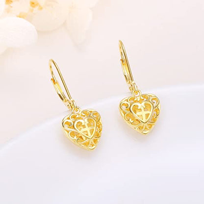 S925 Sterling Silver Heart Dangle Drop Earrings for Women Jewelry Gift - style: Heart Cross Gold-Plated