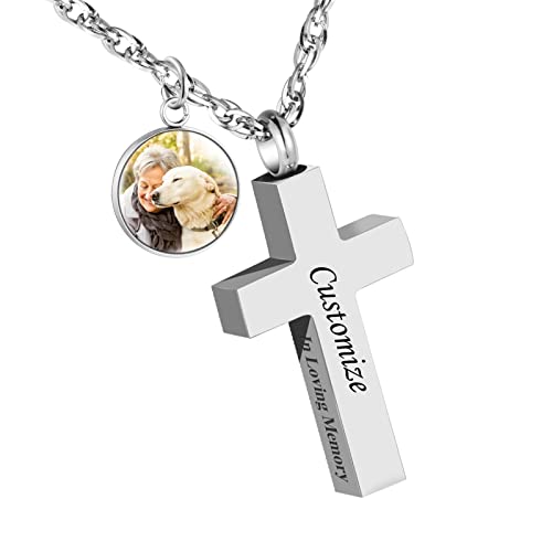 Cremation Cross Necklace for Ashes Stainless Steel Cross Urn Necklace Ashes Holder Memorial Jewelry-In Loving Memory - color: Silver, style: Customize