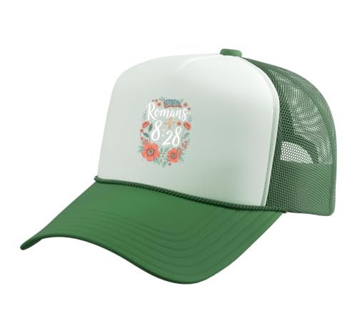 Romans 8:28 Bible Verse Flowers Cross Christian Women Trucker Hat with Adjustable Mesh Back - color: Kelly Green/White