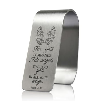 for God Commands His Angels to Guard You Engraved Stainless Steel Car Visor Clip, in All Your Ways Psalm 91:11, Inspirational Guardian Angel Safe Driving Gifts for Family Friend Traveller - color: silver019