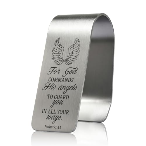 for God Commands His Angels to Guard You Engraved Stainless Steel Car Visor Clip, in All Your Ways Psalm 91:11, Inspirational Guardian Angel Safe Driving Gifts for Family Friend Traveller - color: silver019