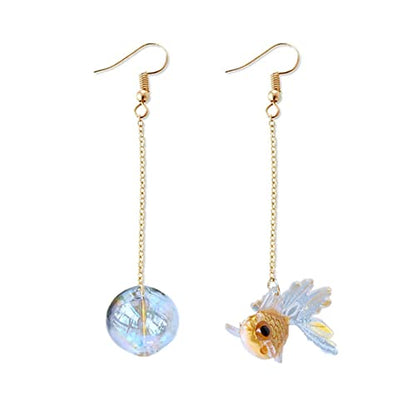 Funny Cute Asymmetry Goldfish Dangle Drop Earrings Lovely Acrylic Resin transparent Glass Ball Fish Earrings for Women - color: yellow