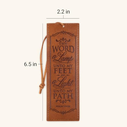 Christian Art Gifts Faux Leather Scripture Bookmark: Thy Word is A Lamp - color: Brown - Word/Lamp