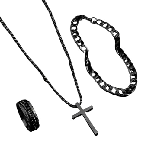 DATOA 3Pcs Cross Necklace Stainless Steel Chains Bracelet Ring for Men Silver Gold Black Pendant Minimalist Jewelry - color: Black