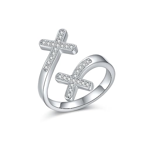 925 Sterling Silver Adjustable Cross Ring with Cubic Zirconia for Women Baptism Gifts - color: White Rhodium