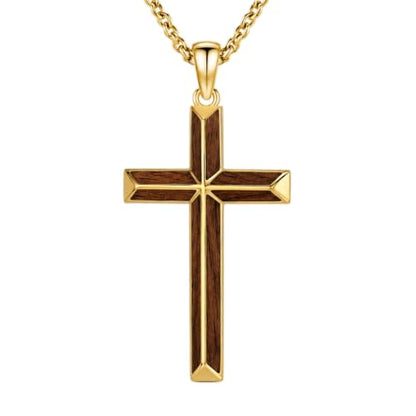 14K Gold Plated Wood Cross Necklace for Men Christian Pendant Jewelry - color: A03-Cross