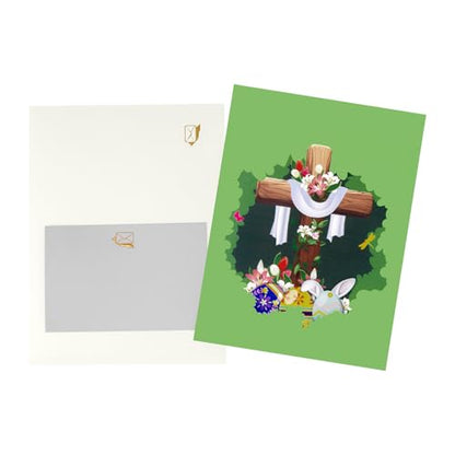 Religious Easter Pop Up Card with Woodgrain Cross, 3D Christian Easter Greeting Card with Rabbit and Floral Eggs, Faith-Inspired Family Easter Gift - color: Cross&Bunnies