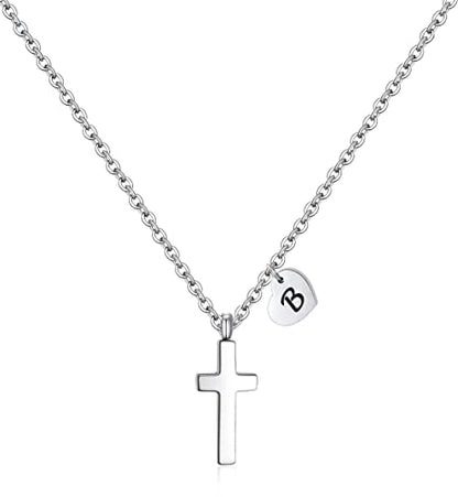 Tiny Cross Necklace for Kids Girls, Initial A-Z , Birthstone Cross Gifts - color: Silver, style: B
