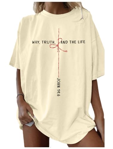 Christian Shirts for Women Oversized Bible Verse T-Shirt Jesus Religious Faithful Shirt Christ Crewneck Tee Top - color: Apricot, size: Medium