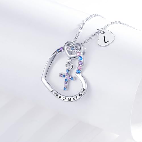 Cross Necklace for Girls | I am a child of God Necklace for Girls | Heart Letter initial | 18K White Gold Plated Pendant Jewelry First Communion Baptism Gifts Christmas Birthday Gifts for Girl Women - color: L