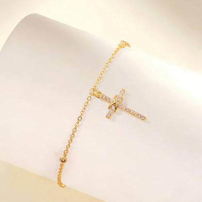 Gold Cross Bracelet for Women, Dainty 18K Gold Plated Double Pendant Jewelry, Sparkling Zirconia Prayer Bracelet, Adjustable Link Chain Lobster Clasp (5.9in + 2.4in) - style: Twisted Cross Bracelet