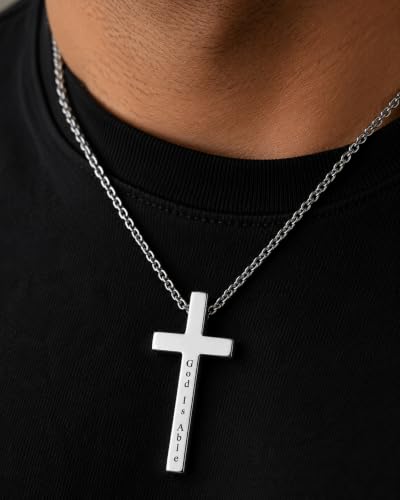 Engraved Cross Necklace for Men, Women & Boys & Girls Cross Necklace, Stainless Steel Cross Pendant Necklace, Faith & Inspiration Christian Jewelry Gift - color: God Is Able