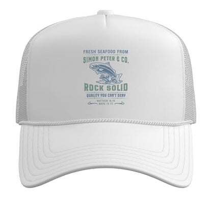 Christian Faith Jesus Simon Peter Funny Seafood Bible Verse Trucker Hat with Adjustable Mesh Back - color: White