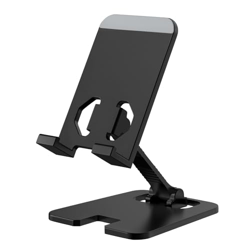 Amzpas Adjustable Cell Phone Stand Metal, Foldable Desktop Cellphone Stand with Anti-Slip Base and Convenient Charging Port, for Phone 17 16 15 14 13 12 11 Pro Xs Xs Max Xr X 8, All Phones - color: Black
