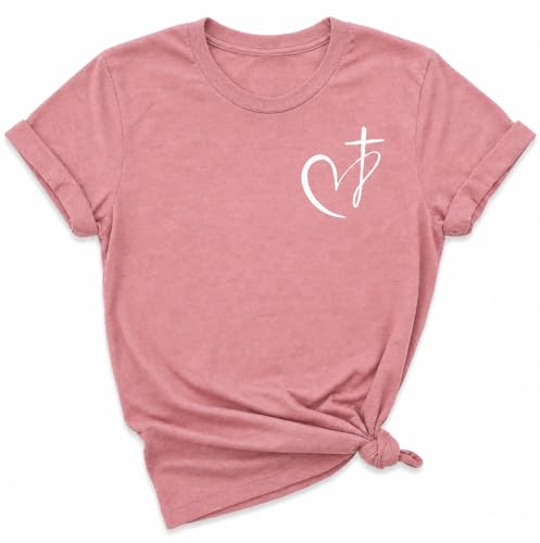 Muicy Women's Cross Heart Print Cotton Christian T-Shirts Religious Christian Tops for Summer Church 2026 - color: Pink, size: X-Large
