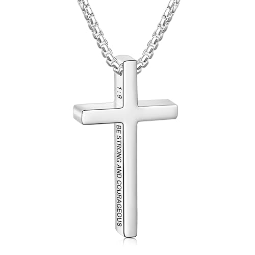 Avotto 316L Stainless Steel Bible Verse Cross Necklace Religious Jewelry Gifts for Men Boys, Silver Gold Black Mens Boys Necklace Non-Fading Sturdy Box Chain with Inspirational Cross Pendant 18+2Inch - color: Silver, style: 1:9
