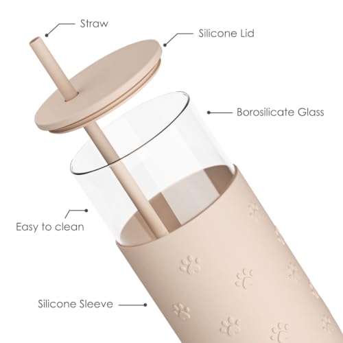 SANDJEST Glass Water Bottle with Silicone Sleeve 20oz, Glass Tumbler with Straw and Lid, Smoothie and Iced Coffee Cup, Pawprint Gifts for Women Teen Girls Birthday Christmas - color: Pawprint