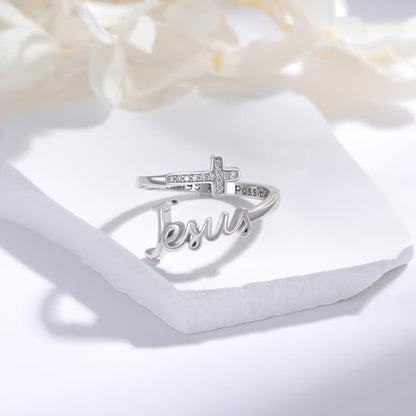 Jesus Cross Ring,Sterling Silver Adjustable Open Faith Cross Religious Ring Christian Inspiring Incentive Jewerly Gifts for Women
