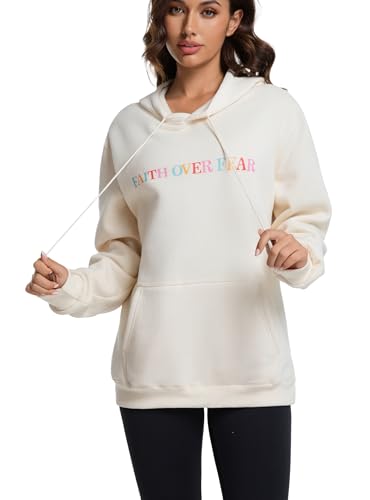 Faith Over Fear Hoodie Womens Christian Graphic Cute Hoodies Cotton Blend Sweatshirt Casual Tops - color: Pink, size: Large