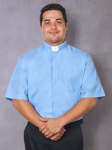 Men's Tab Collar Clergy Shirt Short Sleeves - color: Light Blue, size: 17"-17.5" Neck