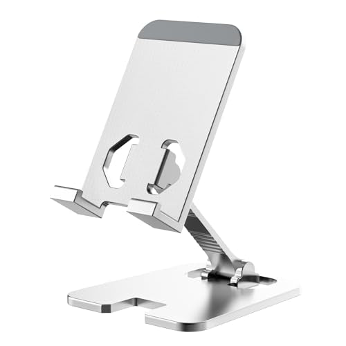 Amzpas Adjustable Cell Phone Stand Metal, Foldable Desktop Cellphone Stand with Anti-Slip Base and Convenient Charging Port, for Phone 17 16 15 14 13 12 11 Pro Xs Xs Max Xr X 8, All Phones - color: Silver