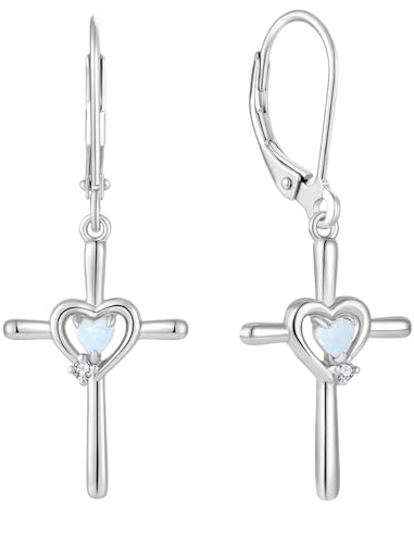 Cross Earrings 925 Sterling Silver Opal Crucifix Dangle Drop Earring Heart Birthstone Religious Jewelry for Women - color: White Opal