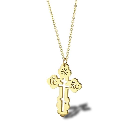 Stainless Steel Eastern Orthodox Cross Pendant Necklace,18K Gold Plated Women Religious Cross Christ Necklace Jewelry 18 Inch Chain - color: Gold