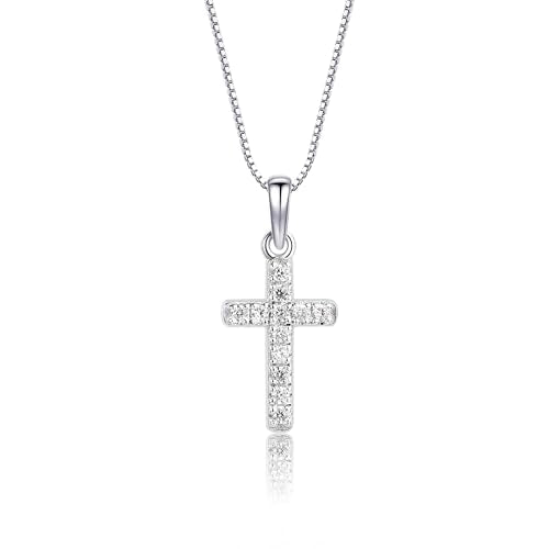 Precious Pieces CZ Cross Necklace, .925 Sterling Silver or 14K Gold-Plated - color: White Square-14