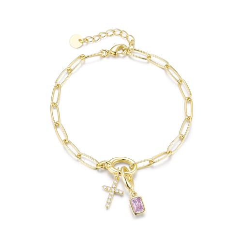 Free bird 14K Gold Cross Birthstone Bracelets for Women Dainty Charm - color: 06-June