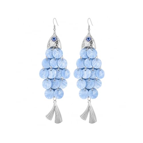 Fish Earrings For Women, Boho Colorful Acrylic Resin Tropical Sea Life Large Dangle Earring Hypoallergenic Summer Beach Vacation Statement Jewelry Gifts - color: Blue-scaled fish