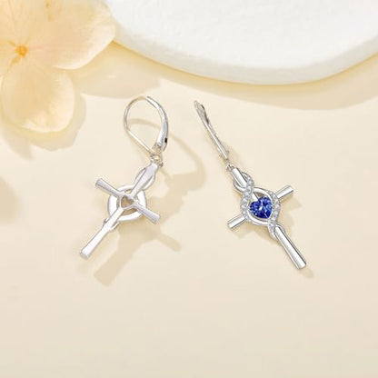 ONEFINITY Cross Earrings for Women 925 Sterling Silver Cross Birthstone Dangle Drop Earrings Infinity Cross Religious Jewelry Gifts for Women - color: 09-Sept-Created Sapphire