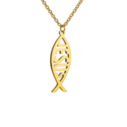 Ichthus Necklace for Women Christian Jesus Fish Necklace Christ Fish Cross Ichthys Pendant Necklace Ichthus Fish Religious Symbol Pendant Christian Jewelry Gift - color: Jesus Fish gold