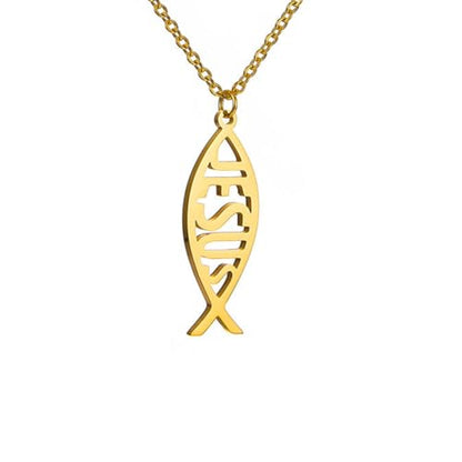 Ichthus Necklace for Women Christian Jesus Fish Necklace Christ Fish Cross Ichthys Pendant Necklace Ichthus Fish Religious Symbol Pendant Christian Jewelry Gift - color: Jesus Fish gold