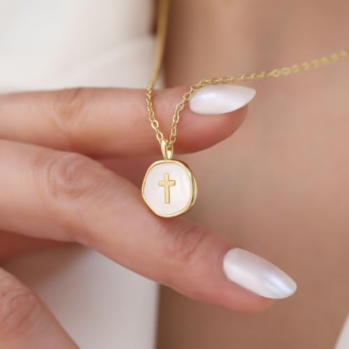 Gold Enamel Mini Cross Necklace Tiny Mother of Pearl Cross Necklace Religious Christian Gift for Baptism First Communion Christmas - color: big mother of pearl cross (15mm)-gold