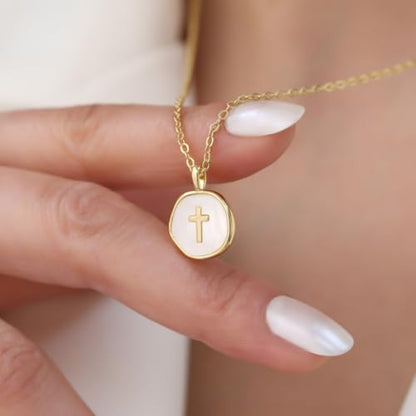 Gold Enamel Mini Cross Necklace Tiny Mother of Pearl Cross Necklace Religious Christian Gift for Baptism First Communion Christmas - color: big mother of pearl cross (15mm)-gold